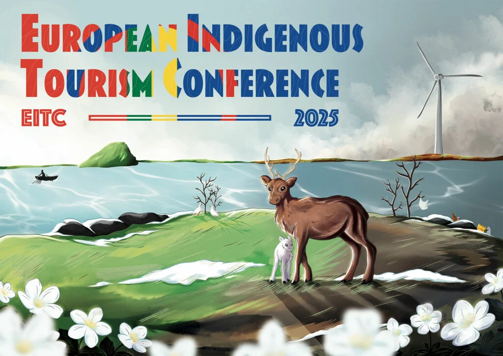 european-indigenous-tourism-conference-2025-1024×724 Konferenssin Mainoskuva. Etualalla poro vasan kanssa.